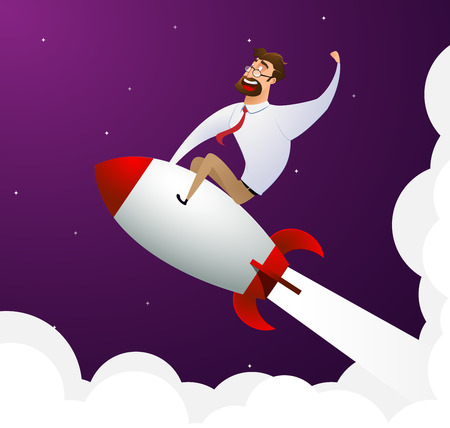 Happy cartoon businessman sitting on rocket shipの写真素材