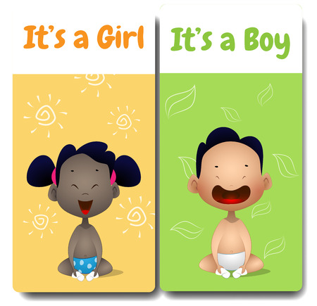 It's a boy and It's a girl cards. Hello baby card. Interracial group of babies and toddlers holding hands.のイラスト素材