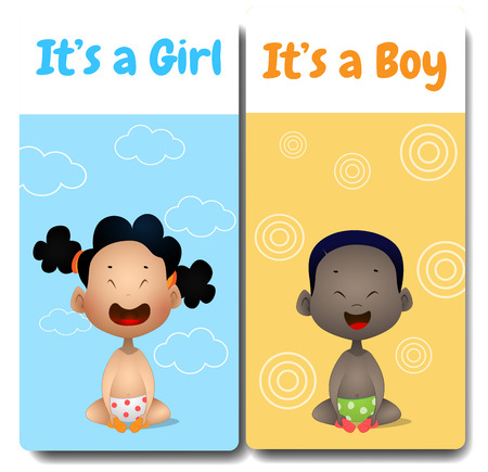 It's a boy and It's a girl cards. Hello baby card. Interracial group of babies and toddlers holding hands.のイラスト素材