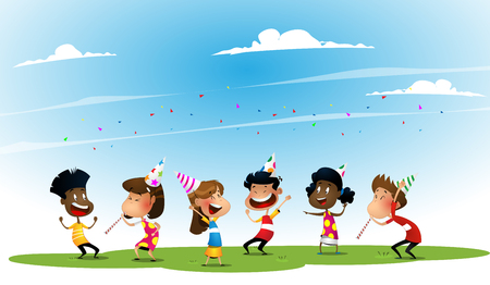 Group of African-American and Asian happy boys and girlsのイラスト素材