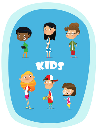 Set of 8 cute happy cartoon kidsのイラスト素材