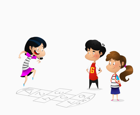 Illustration of cartoon children playing hopscotch. Vectorのイラスト素材