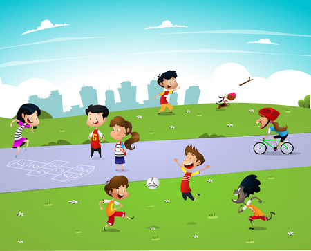 Children playing outside. Weekend, vacation. Cartoon vectorのイラスト素材