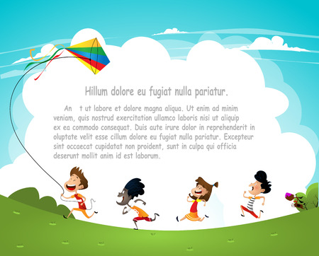 Cartoon kids flying kites in the park. Vectorのイラスト素材
