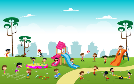 Children playing games in the park. Cartoon vector illustrationのイラスト素材