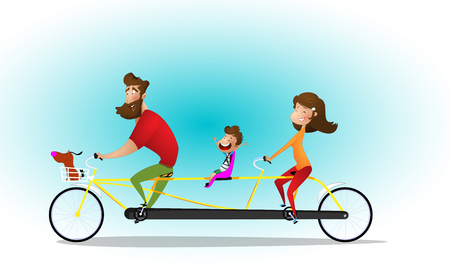 Happy family and dog riding a tandem bicycle. Vector illustration.のイラスト素材