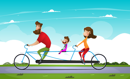 Family riding a bicycle in the park. Tandem bike. Vector illustrationのイラスト素材