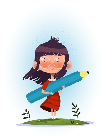 Illustration of cartoon girl holding pencil. Artist desire concept illustration. Vectorのイラスト素材