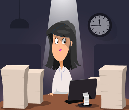 Woman working on computer at night in dark office. Overwork and stress at work concept. Vectorのイラスト素材