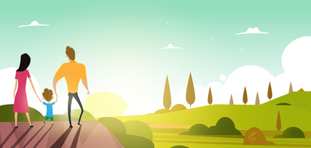 Happy family walks outdoors. Summer sunset. Vector illustration in a flat styleのイラスト素材