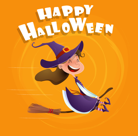 Halloween flying little cartoon witch. Girl kid in halloween costume. Orange background.のイラスト素材