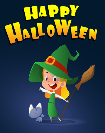 Cartoon kid in halloween costume with little cat. Vectorのイラスト素材
