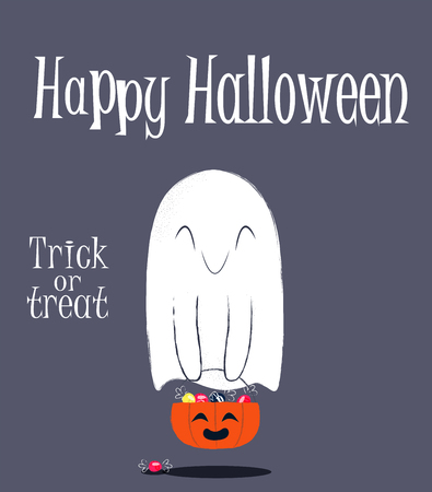 Halloween background with Ghost holding pumpkin bascket. Cartoon vector illustrationのイラスト素材