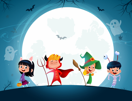 Group of cartoon kids in Halloween in the moonlight. Holiday night. Vectorのイラスト素材