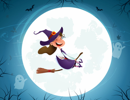 Cartoon girl kid in halloween costume flying over the moon. Retro vintage.のイラスト素材