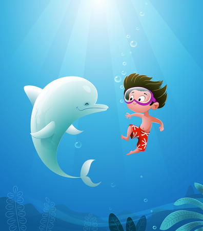 Vector illustration of Cartoon kid with dolphin swimming. Sea vacations.のイラスト素材