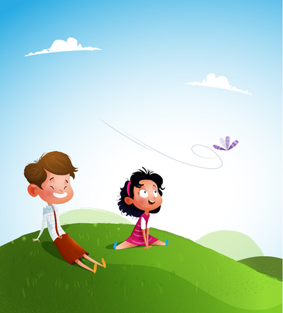 Happy kids sitting together during. Summer vacation. Childhood concept illustration. Vectorのイラスト素材