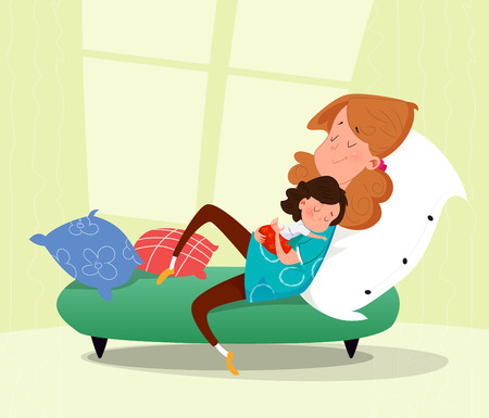 Mother huging her sleepy child. Cartoon vector illustrationのイラスト素材