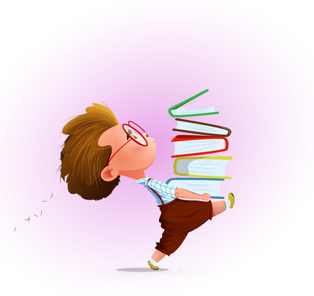 Little cartoon boy bringing stack of books. Education concept. Vectorのイラスト素材