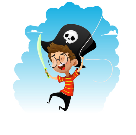 Fun cartoon kid playing dressed like pirate. Cartoon vector illustrationのイラスト素材
