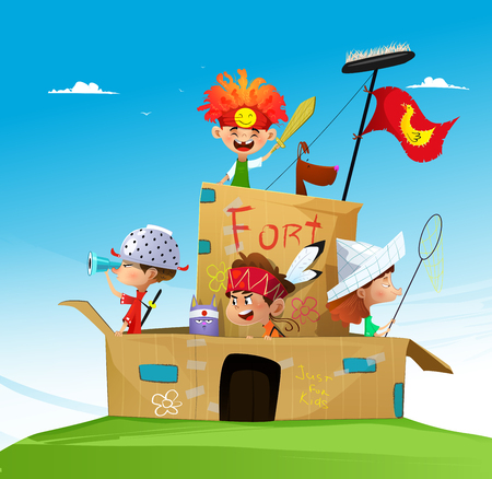 Vector illustration of happy cartoon children playing in paper fortress. Summer vacation.のイラスト素材