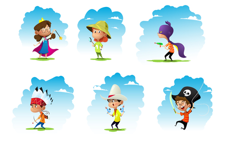 Set of chidren weared in different costumes: pirate, fairy, adventurer, superhero, cowboy, indian. Vector.のイラスト素材