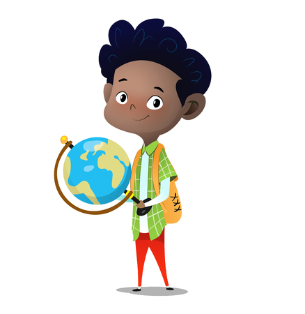 Standing boy holds big desktop terrestrial globe in hands. Cartoon vector character illustrationのイラスト素材