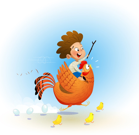 Cartoon child riding rooster and plays with cavalryman. The concept of childhood, holidays, carelessness. Vector illustrationのイラスト素材