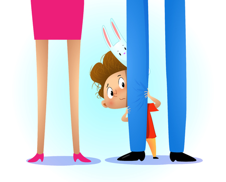 Kid hiding behind the parents leg. Symbol of protection, care and love for children. Vectorのイラスト素材