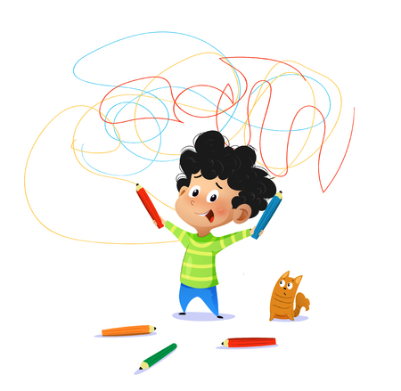 Cute boy paint drawings on the wall. Vector illustration. Isolated on white backgroundのイラスト素材