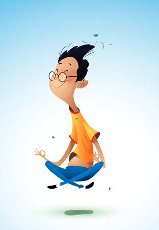 Fun boy character's meditation. Cartoon vector illustrationのイラスト素材