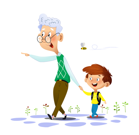 Grandfather walks with his grandson and talking to him and and points at something away from them. Grandfathers love and care. Vector illustration on white background.のイラスト素材