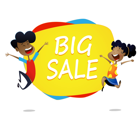 Two cartoon kids jump near banner big sale .Vector horizontal banner with cartoon children.のイラスト素材