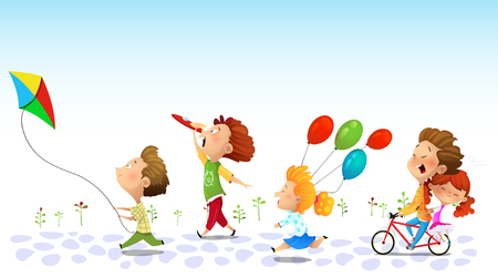 Children running and playing, Friendship children graphic. Vectorのイラスト素材