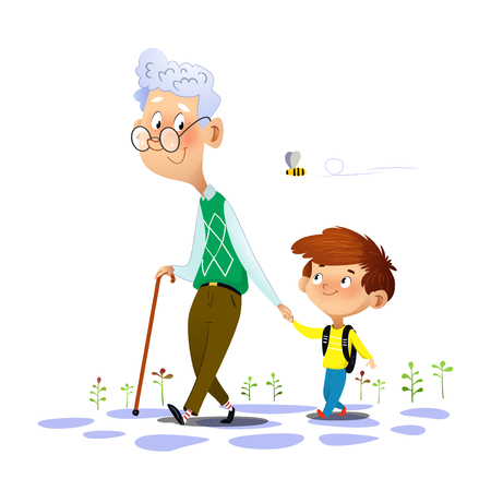 Grandfather walks with his grandson and talking to him. Grandfathers love and care. Vector illustration on white background.のイラスト素材