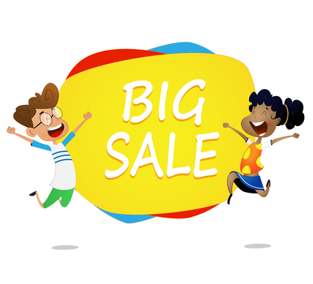 Two cartoon kids jump near banner big sale .Vector horizontal banner with cartoon children.のイラスト素材