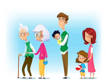 Big family together. Mother and father with babies, children and grandparents. Vector