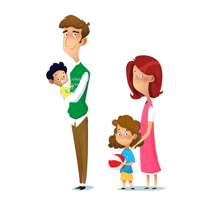 Happy family. Father, mother, son and daughter together. Vector cartoon illustrationのイラスト素材