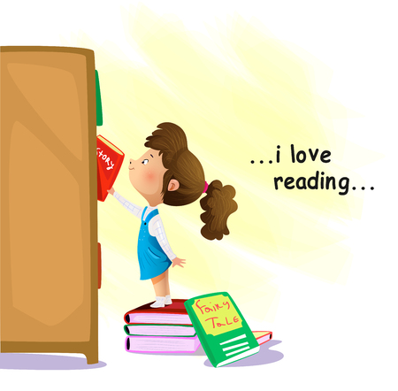 Cartoon little girl searching for a book in bookstore. I love reading concept. Vectorのイラスト素材