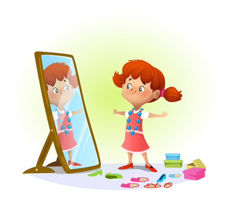 Cute little girl looking in the mirror trying on big shoes. Vector illustration.のイラスト素材