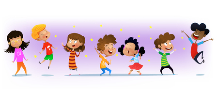 Excited multiracial boys and girls having fun. Vector illustration for website banner, poster, flyer, invitation.のイラスト素材