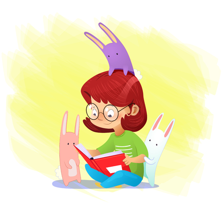 Happy cartoon girl reading book with her friends. Vectorのイラスト素材
