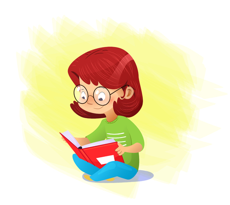 Happy cartoon girl reading book alone. Vectorのイラスト素材