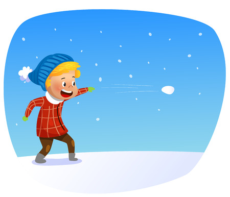 Kid playing in the snow. Child throws snowballs. Cartoon vectorのイラスト素材