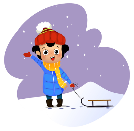 Cartoon boy carries a sled. Vector illustrationのイラスト素材