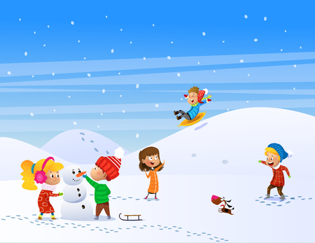 Children playing outdoors in winter. Play snow fun. Cartoon vector illustrationのイラスト素材