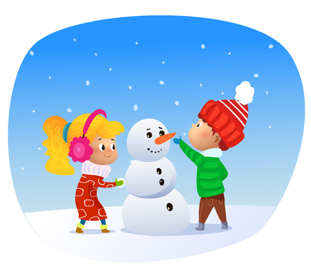 Vector Illustration of cartoon kids making snowman. Cartoonのイラスト素材