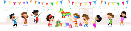 Happy group of cartoon children having fun at birthday party. Seamless children's panorama for your design. Template for advertising brochure. Vectorのイラスト素材