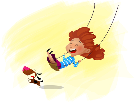 Vector illustration of cartoon girl swinging on swing. Cartoonのイラスト素材