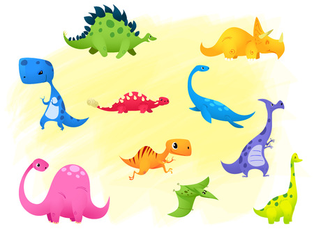 Set Jurassic reptile vector illustration cartoon dinosaur. Brontosaurus, Stegosaurus, triceratops, velociraptor, tyrannosaurus, Brachiosaurus, pterodactyl.のイラスト素材